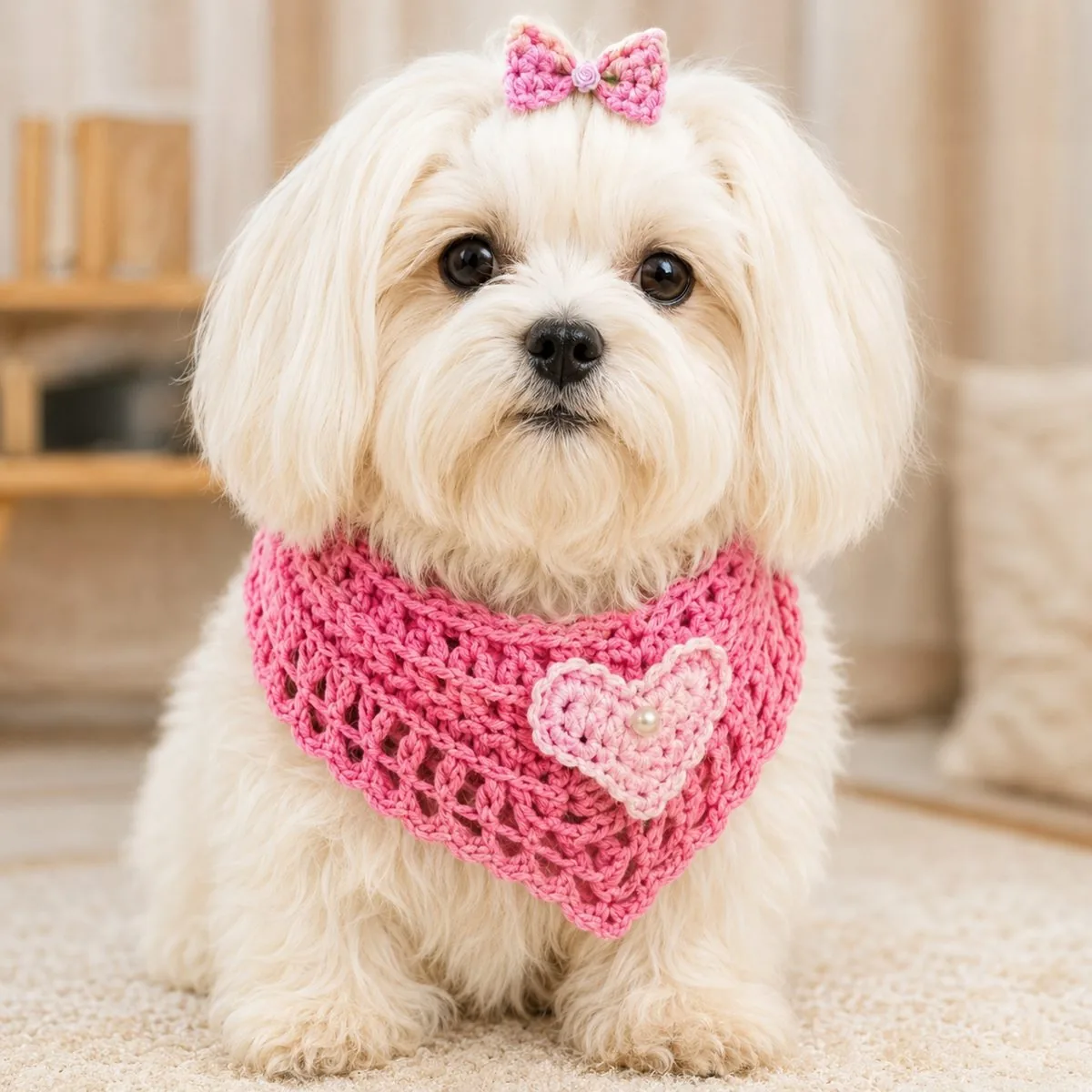 Cachorro branco com bandana de crochê rosa