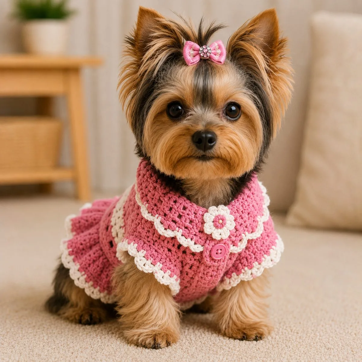 Yorkshire com vestido de crochê rosa e branco