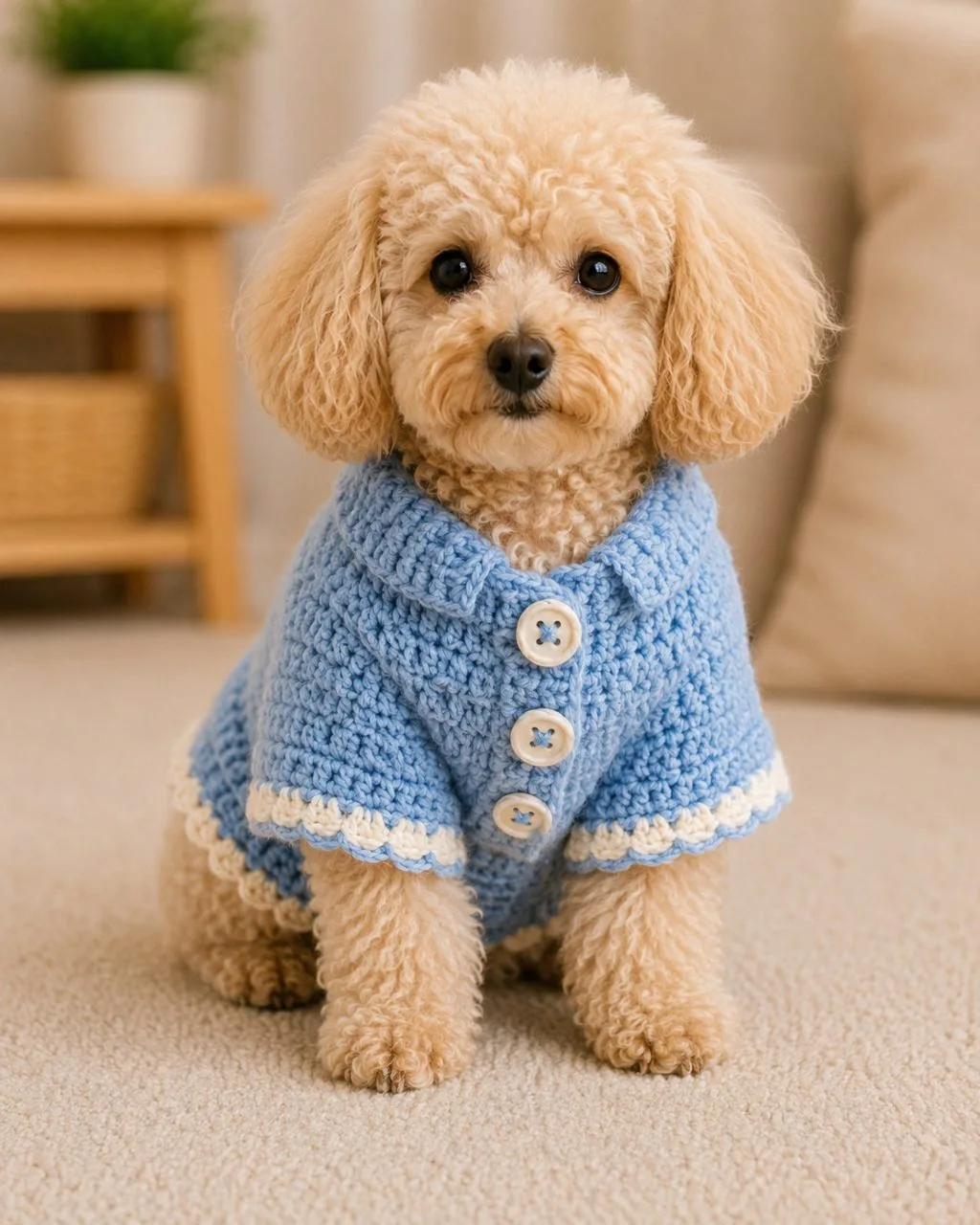 Poodle com casaco azul de crochê com botões
