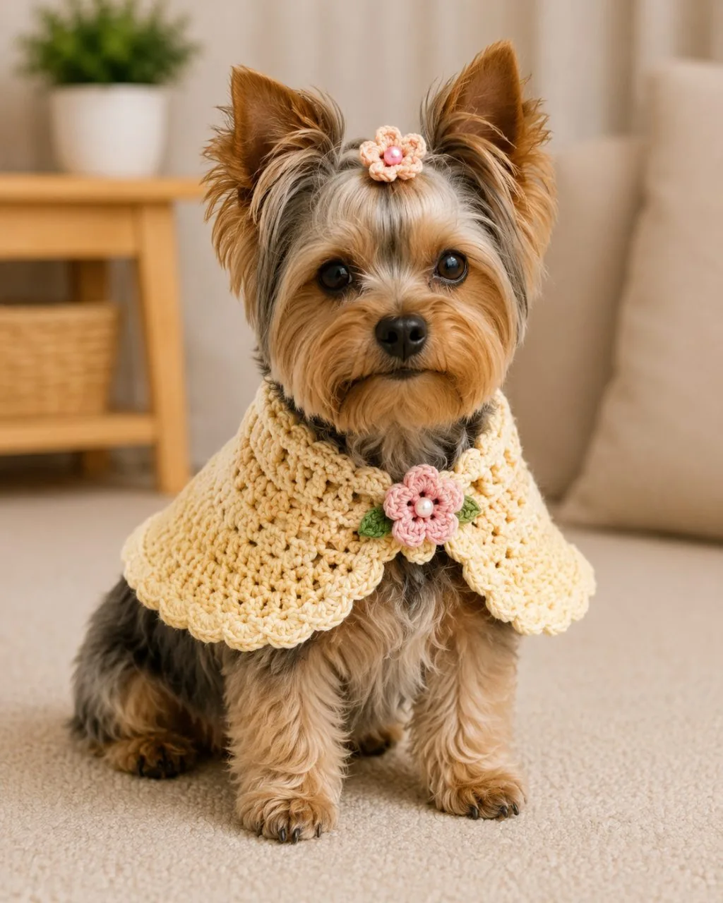 Yorkshire com capa amarela de crochê e flor