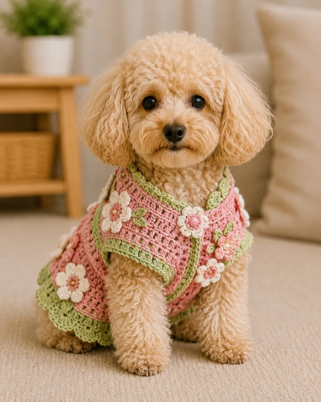 Poodle com vestido rosa e verde com flores de crochê