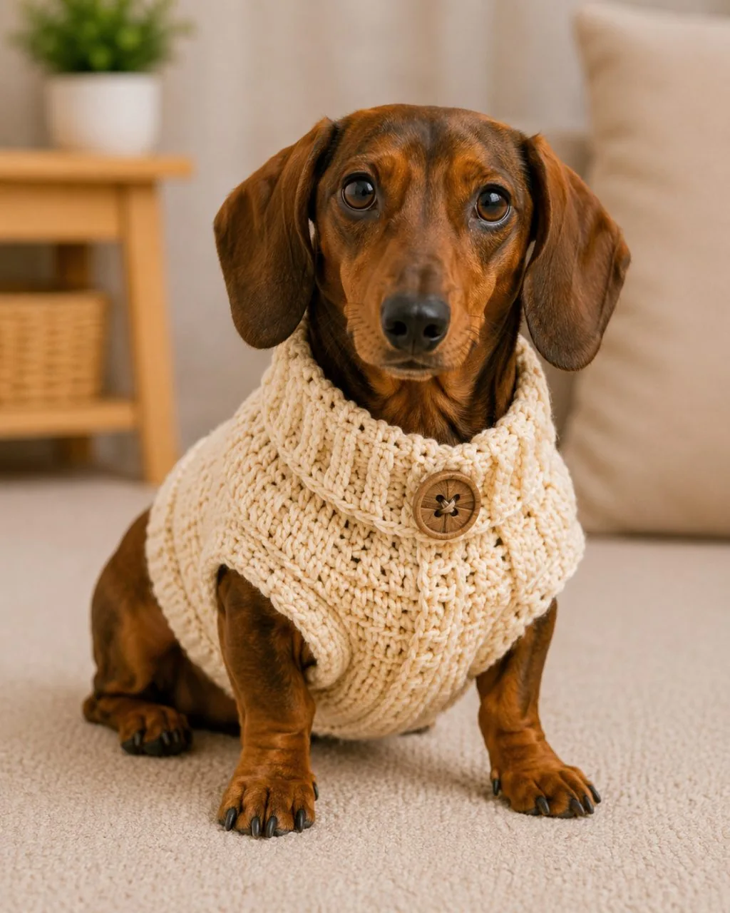 Dachshund com blusa creme de crochê