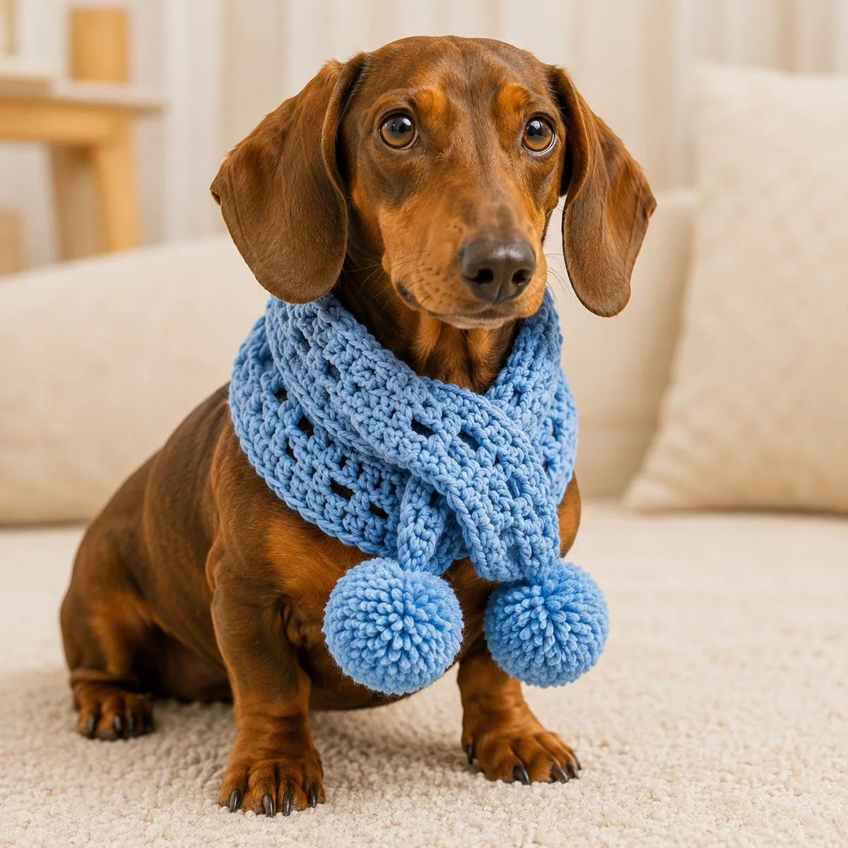 Dachshund com cachecol de crochê azul