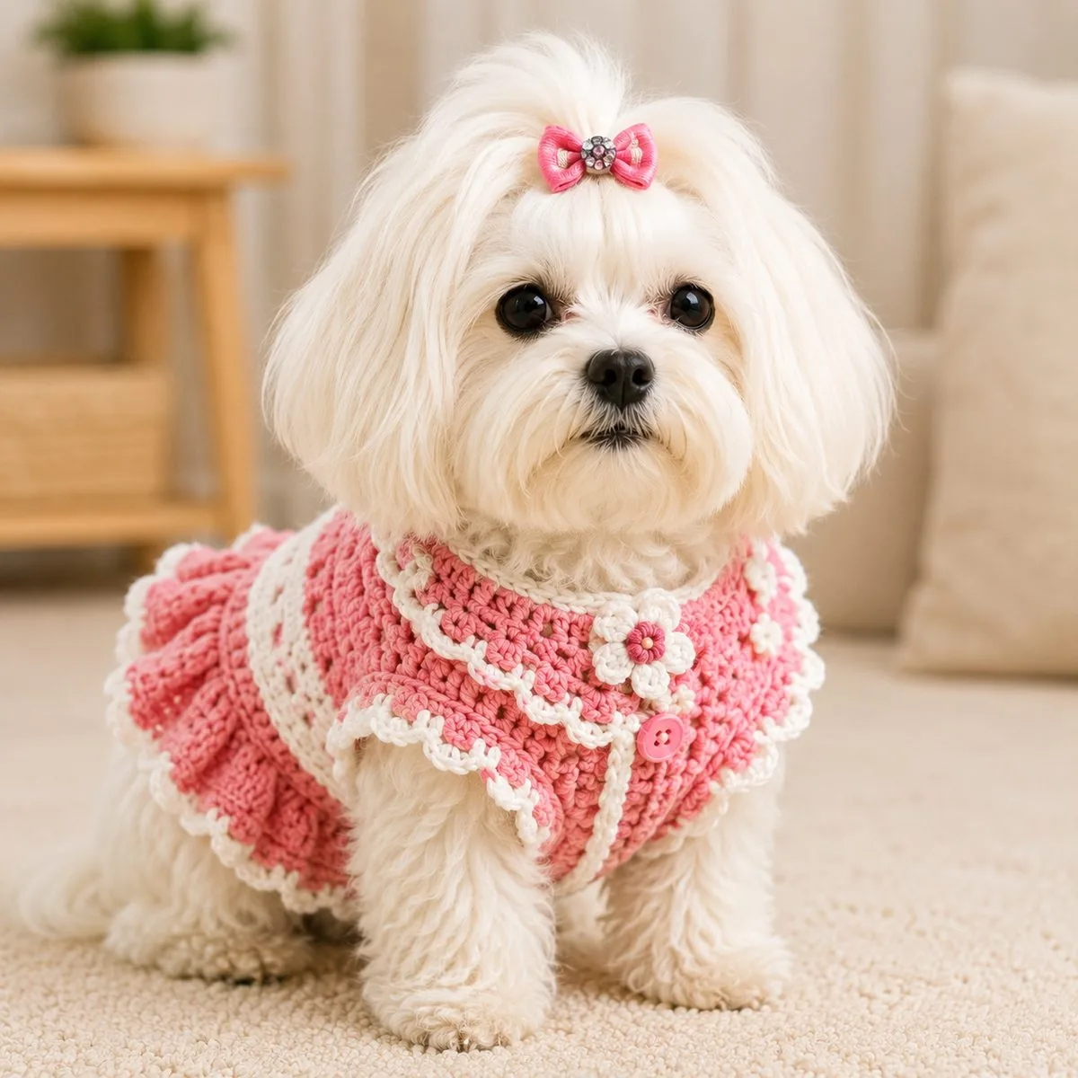 Cachorrinha com vestido de crochê rosa